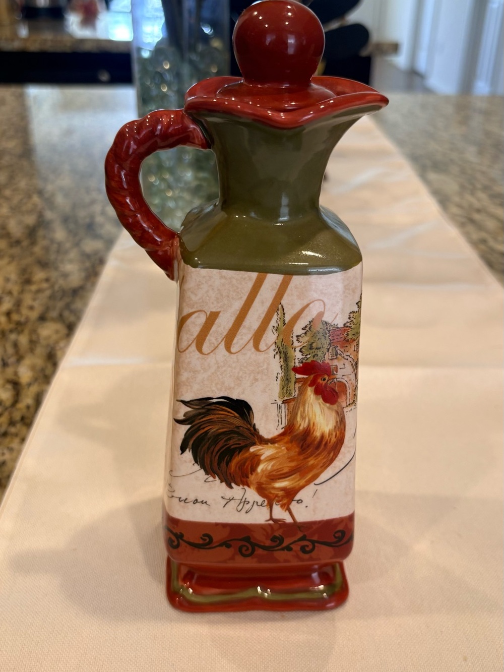 Certified International Red and Olive Rooster Ceramic Oil Cruet